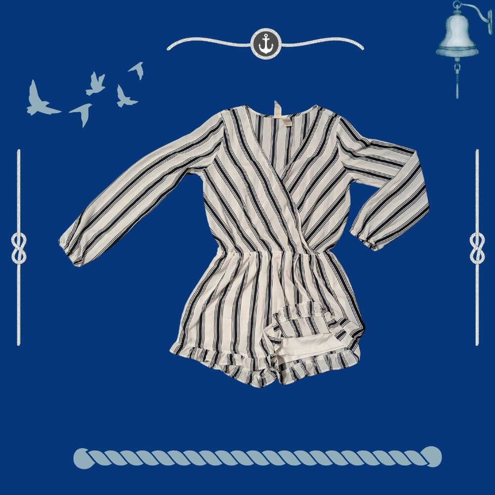 Mimi Chica, White w/Navy Stripes, Romper with Ruffle Trim, Sz S - Picture 2 of 4